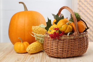 Happy Thanksgiving day. Composition with pumpkins, corn cobs and berries on wooden table, closeup