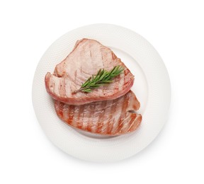Delicious tuna steaks with rosemary isolated on white, top view