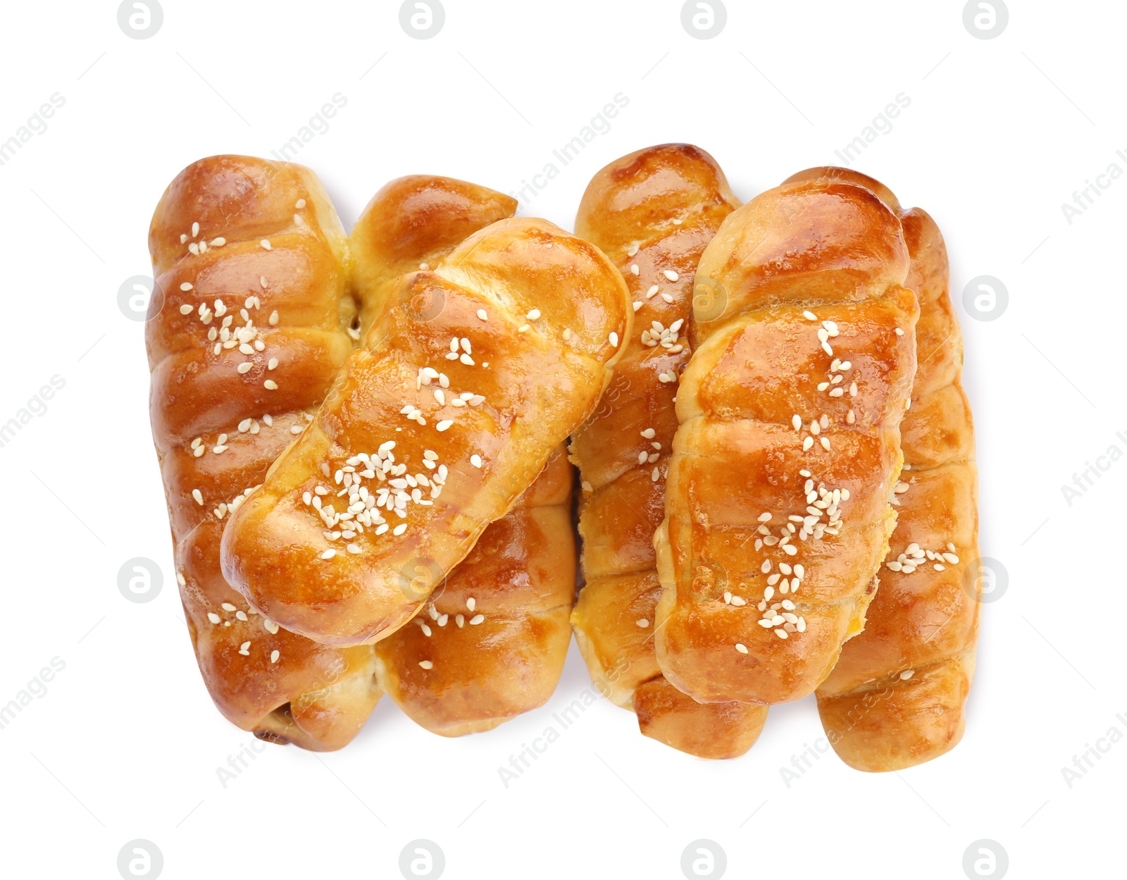 Photo of Many delicious sausage rolls isolated on white, top view