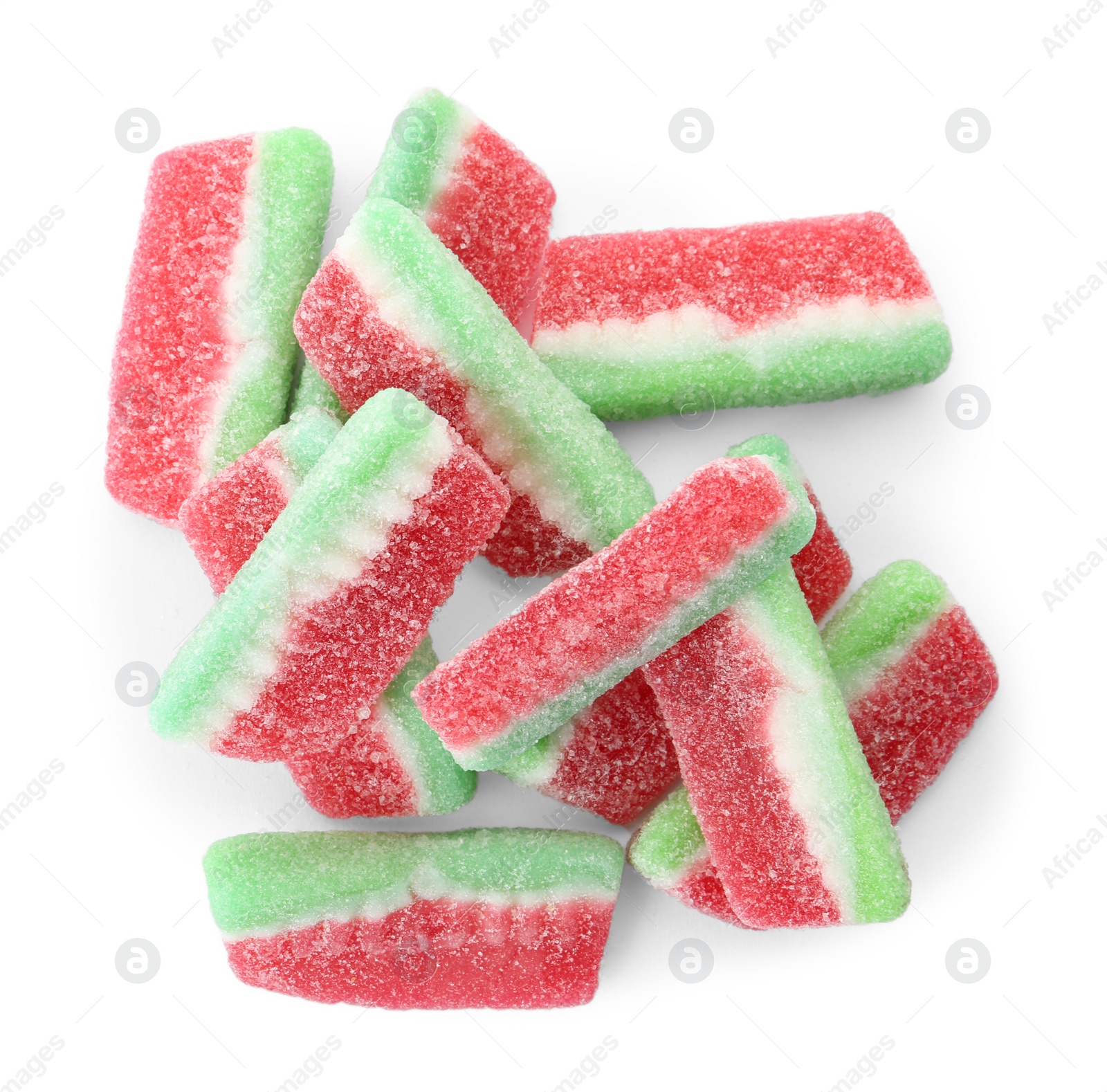 Photo of Pile of delicious jelly candies on white background, top view