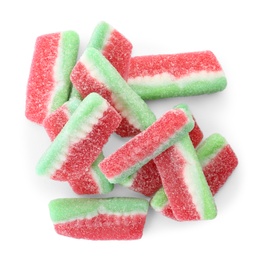 Pile of delicious jelly candies on white background, top view