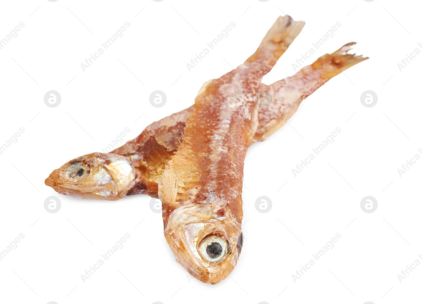 Photo of Delicious dried salted anchovies on white background