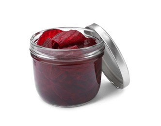 Photo of Pickled beets in jar isolated on white