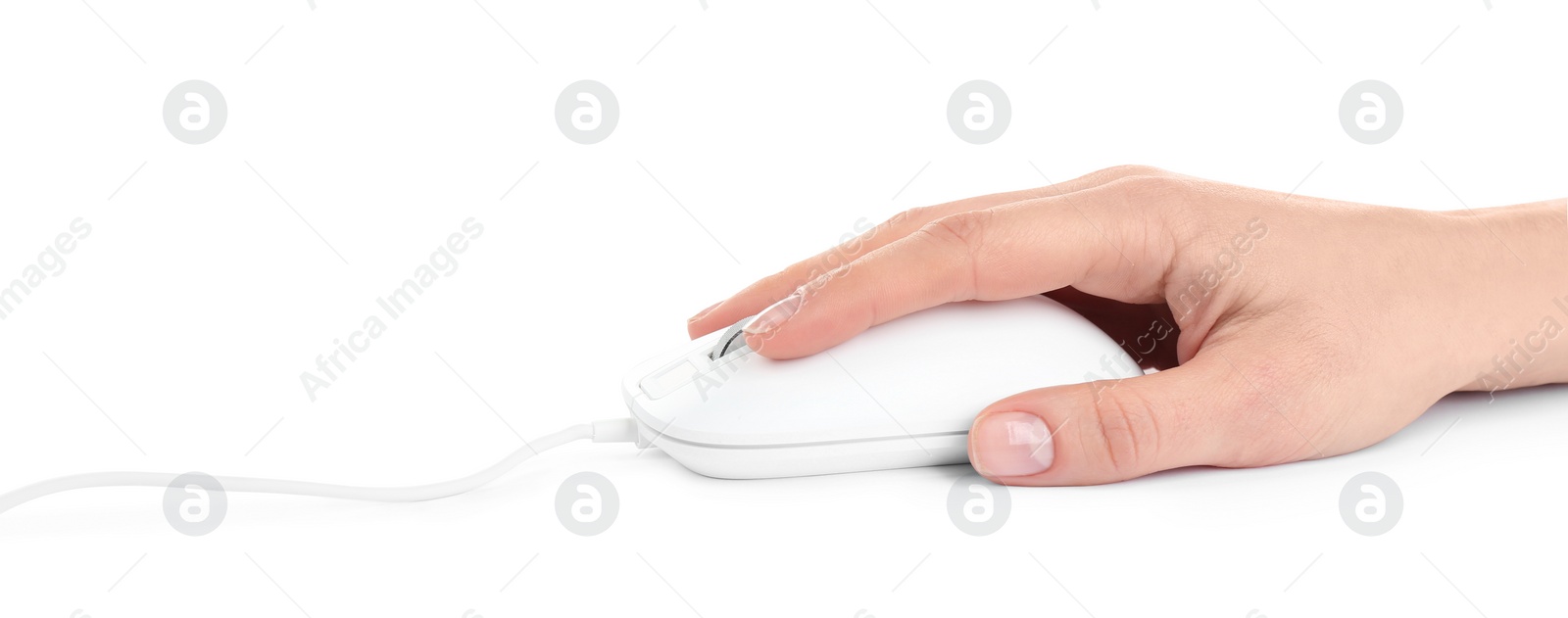 Photo of Woman using modern wired optical mouse isolated on white, closeup