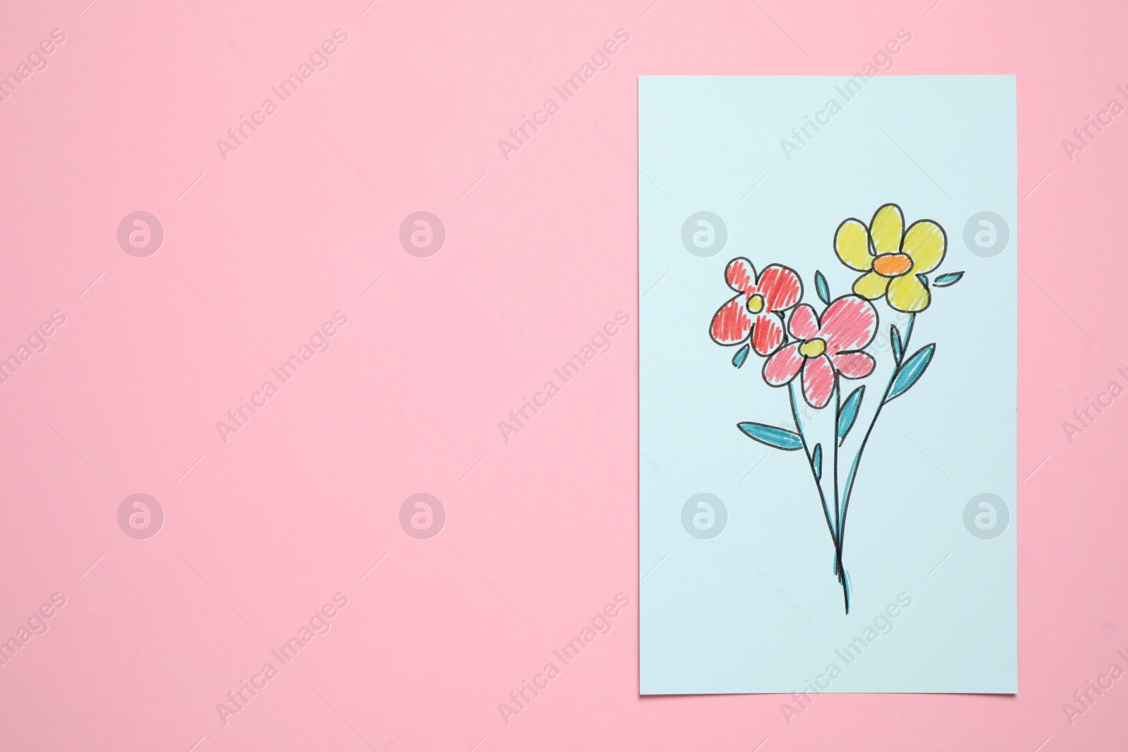 Photo of Handmade greeting card on pink background, top view with space for text. Happy Mother's Day