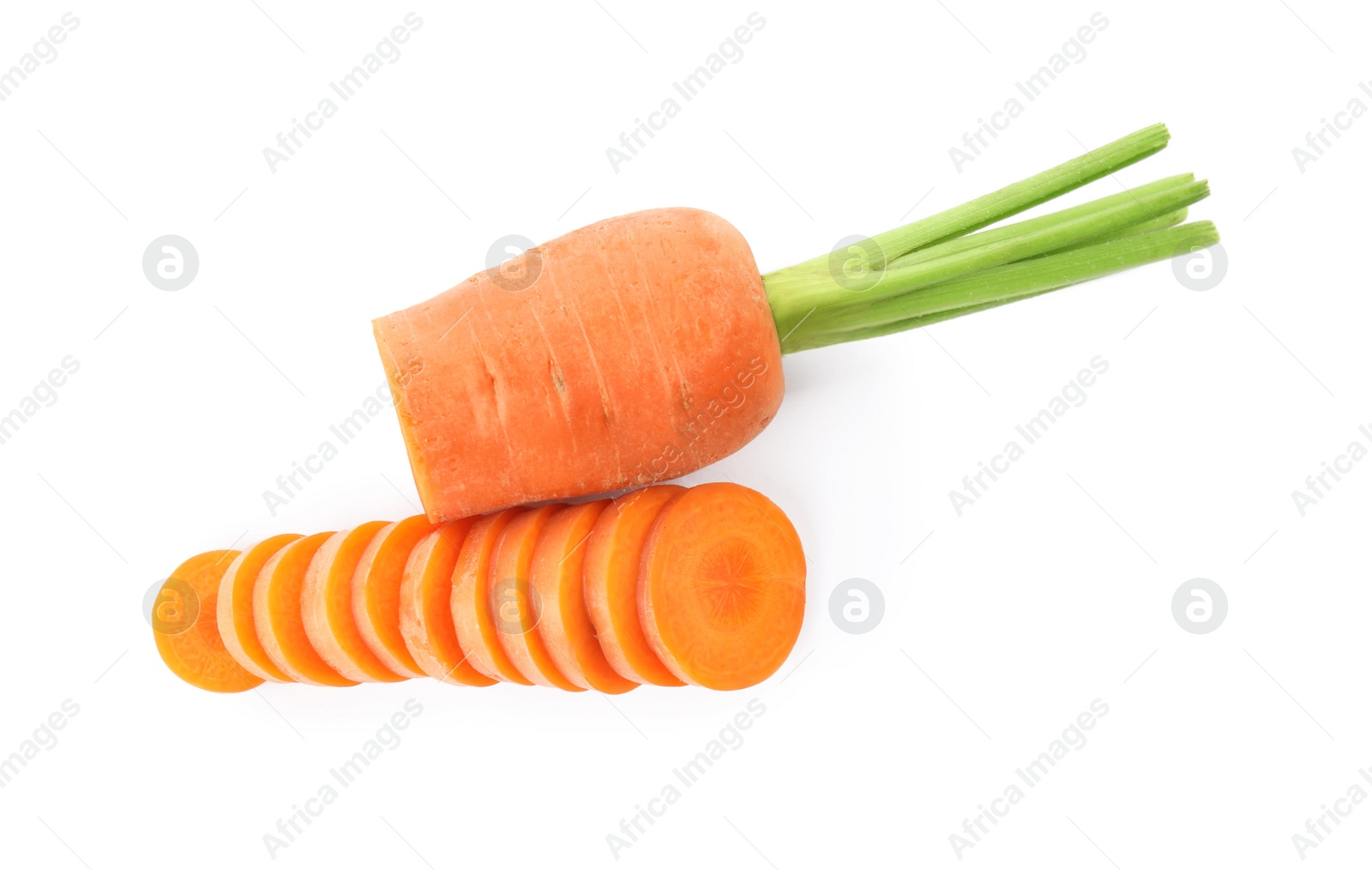 Photo of Sliced fresh ripe carrot isolated on white, top view