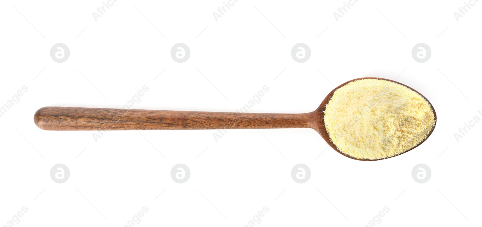 Photo of Spoon of corn flour isolated on white, top view