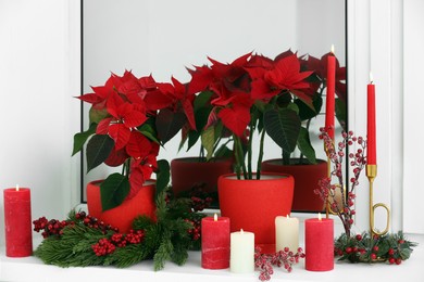 Photo of Potted poinsettias, burning candles and festive decor on windowsill in room. Christmas traditional flower