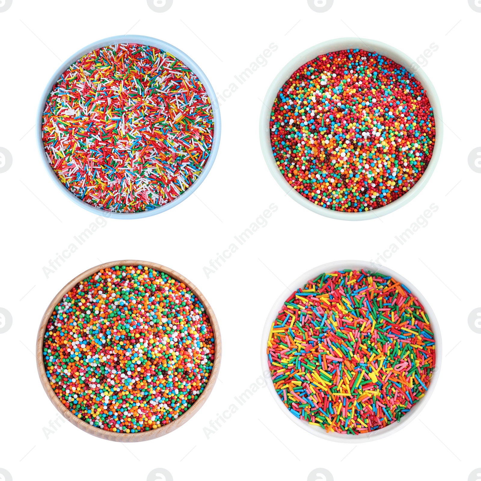 Image of Set with colorful sprinkles on white background, top view. Confectionery decor