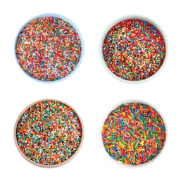 Image of Set with colorful sprinkles on white background, top view. Confectionery decor