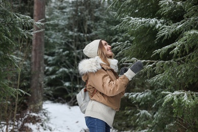 Photo of Young woman in conifer forest on snowy day. Winter vacation