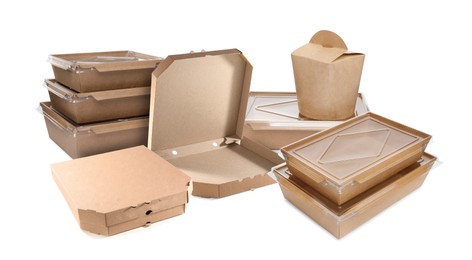 Image of Set with different cardboard boxes and containers for food on white background