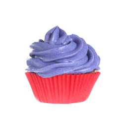 Photo of Delicious cupcake with violet cream isolated on white