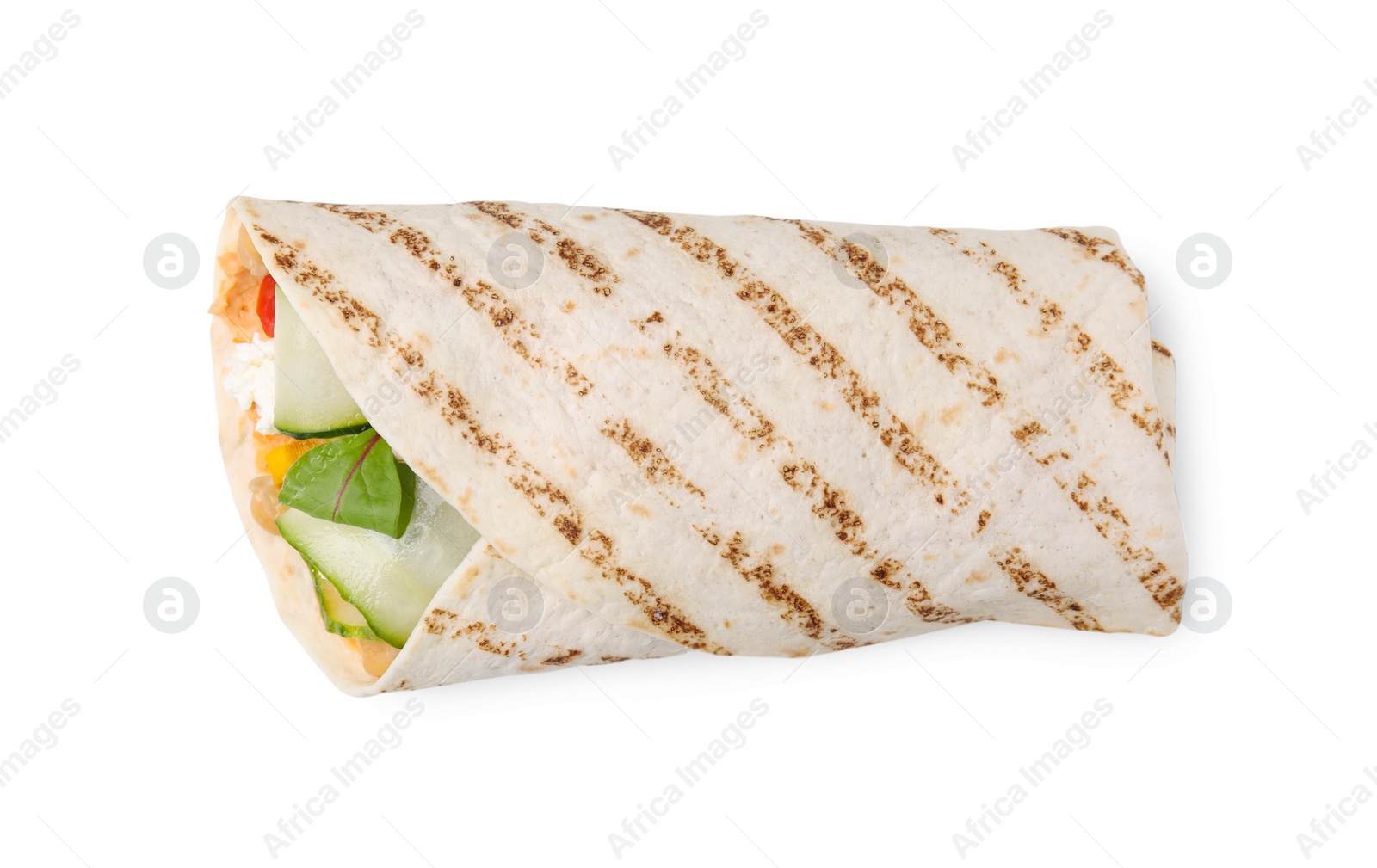 Photo of Delicious hummus wrap with vegetables isolated on white, top view