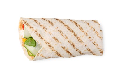 Photo of Delicious hummus wrap with vegetables isolated on white, top view