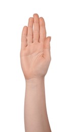 Woman showing hand on white background, closeup