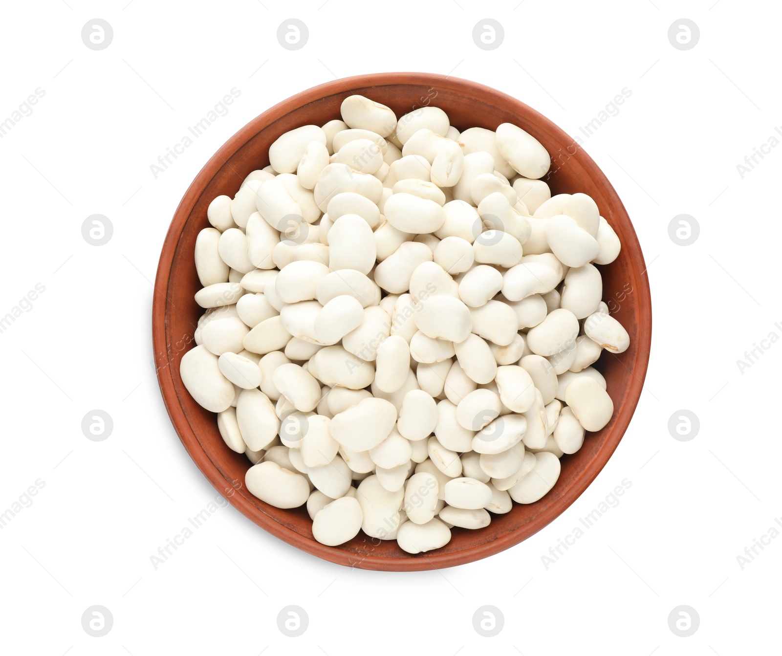 Photo of Bowl of uncooked navy beans isolated on white, top view