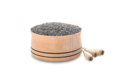 Photo of Poppy seeds in bowl and dried pods on white background