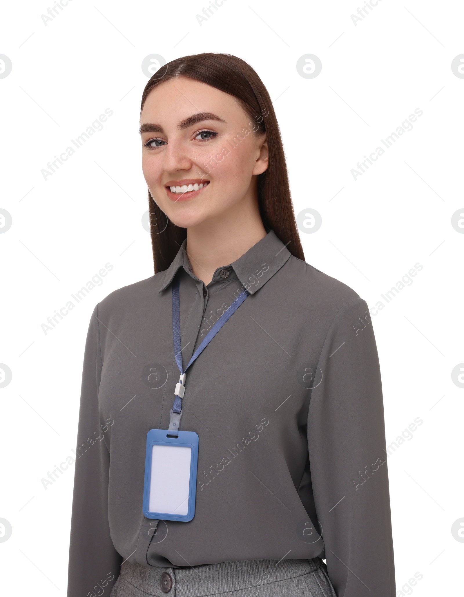 Photo of Happy woman with blank badge on white background