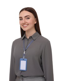 Happy woman with blank badge on white background