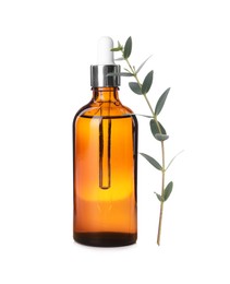 Photo of Bottle of hydrophilic oil and green branch on white background