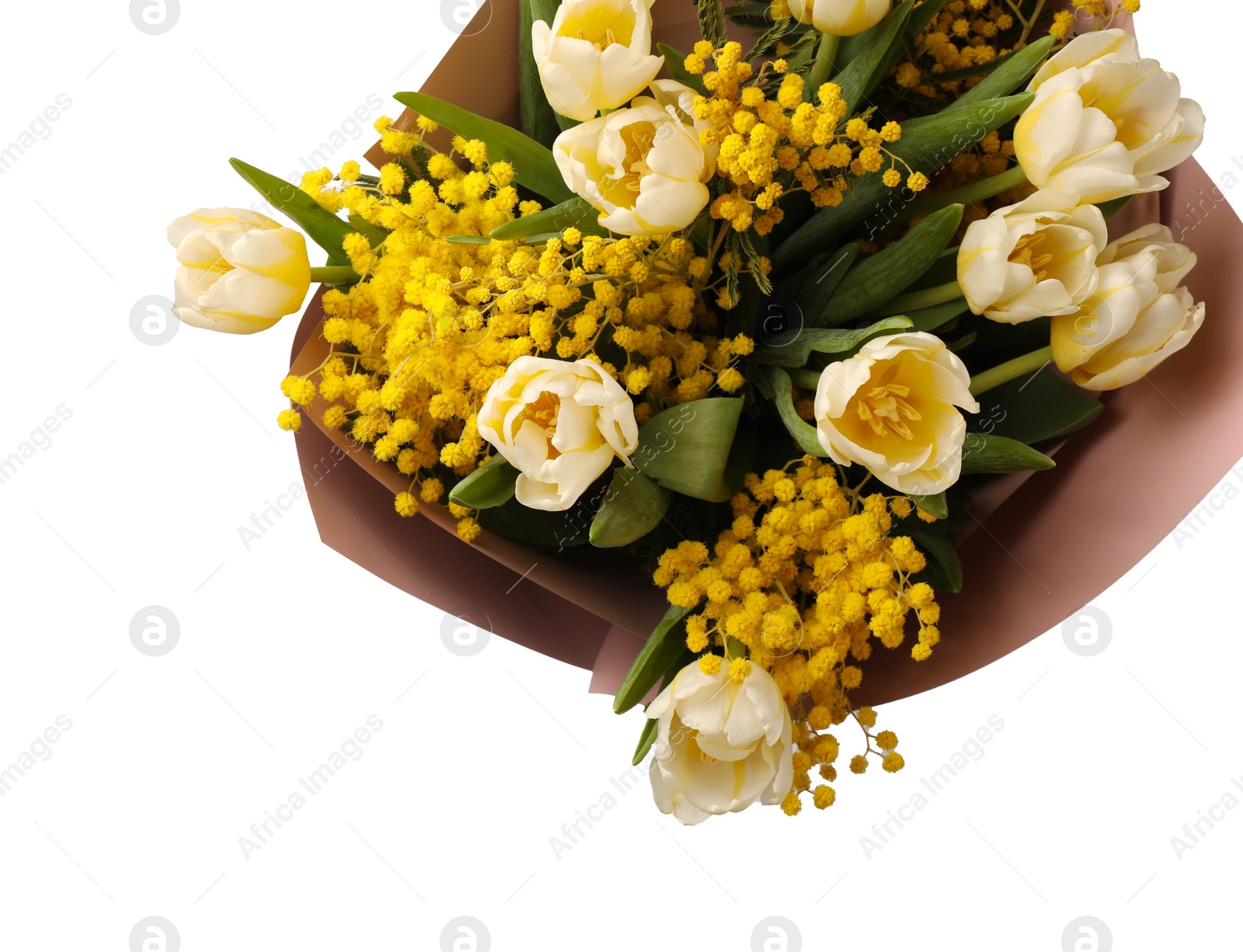 Photo of Bouquet of beautiful spring flowers isolated on white, top view