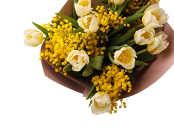 Bouquet of beautiful spring flowers isolated on white, top view