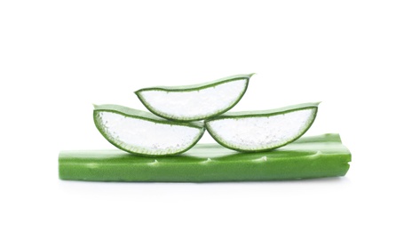 Photo of Aloe vera slices on white background