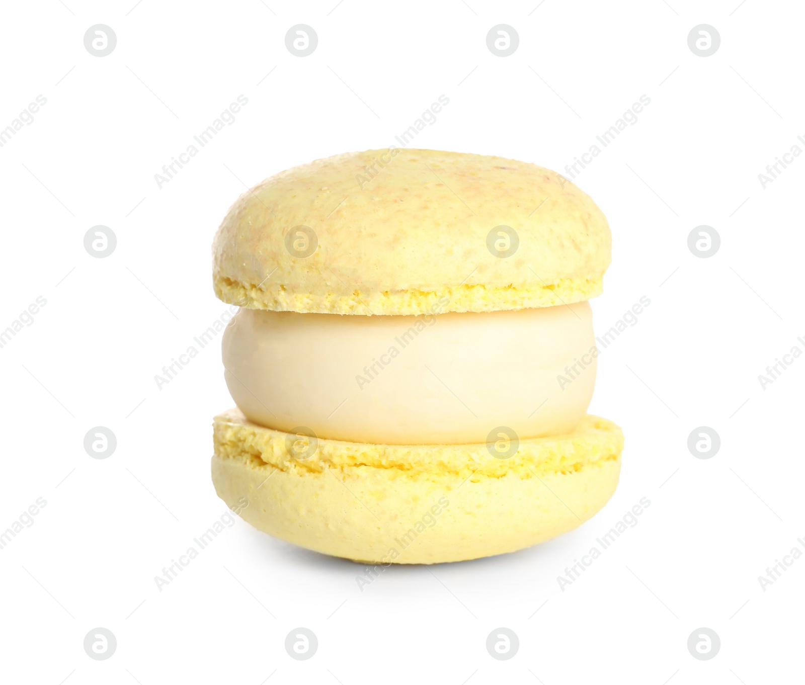 Photo of Yellow macaron on white background. Delicious dessert