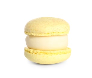 Photo of Yellow macaron on white background. Delicious dessert