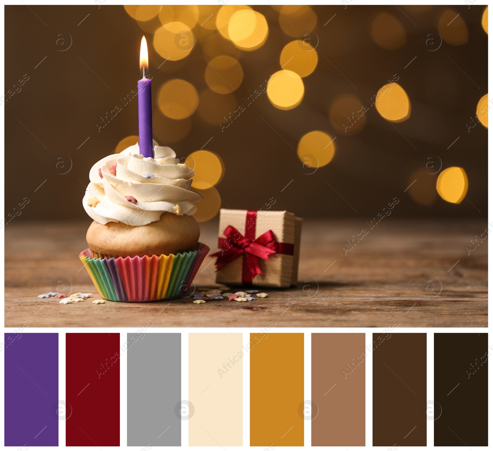 Image of Birthday cupcake with candle and gift box on wooden table against blurred lights and color palette. Collage