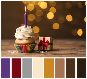 Image of Birthday cupcake with candle and gift box on wooden table against blurred lights and color palette. Collage