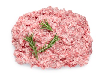 Raw fresh minced meat with rosemary isolated on white, top view