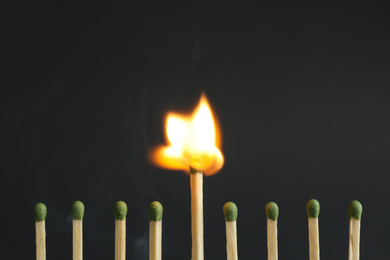 Photo of Burning match among unlit ones on dark background, closeup