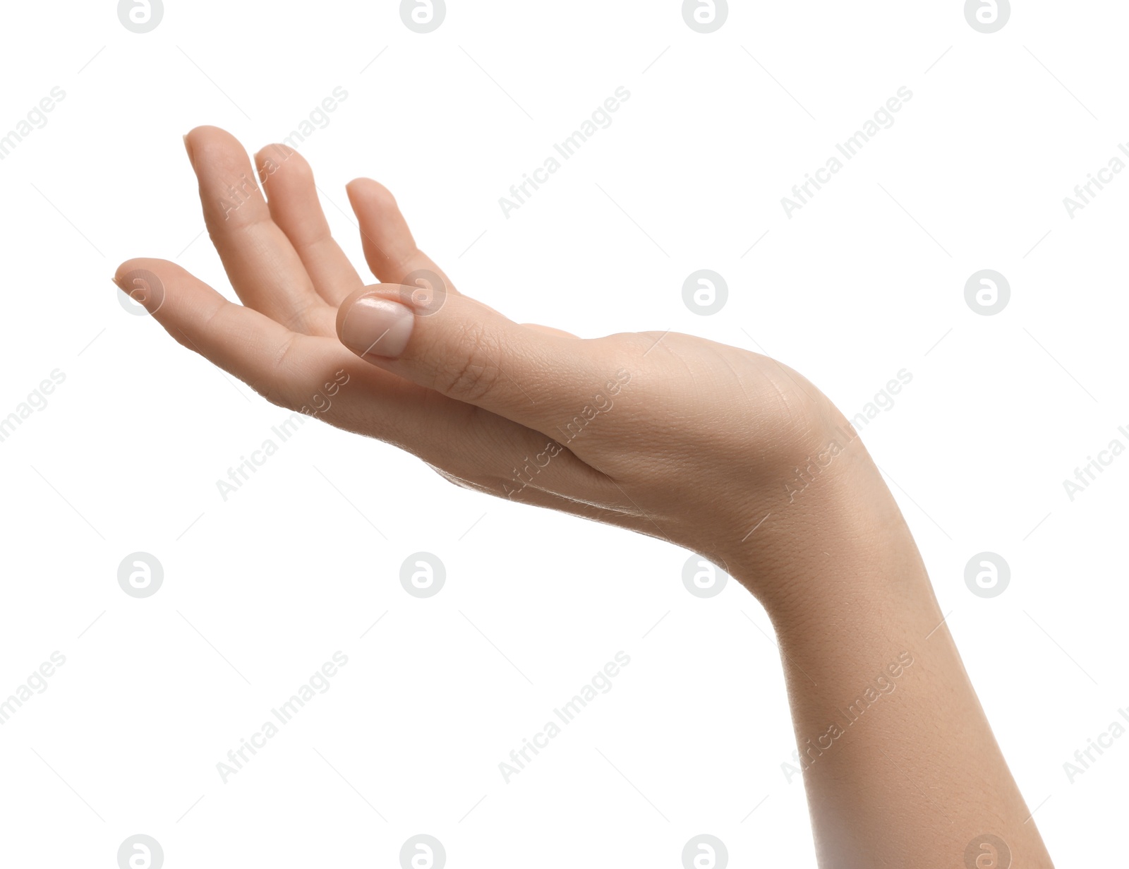 Photo of Woman holding something in hand on white background, closeup