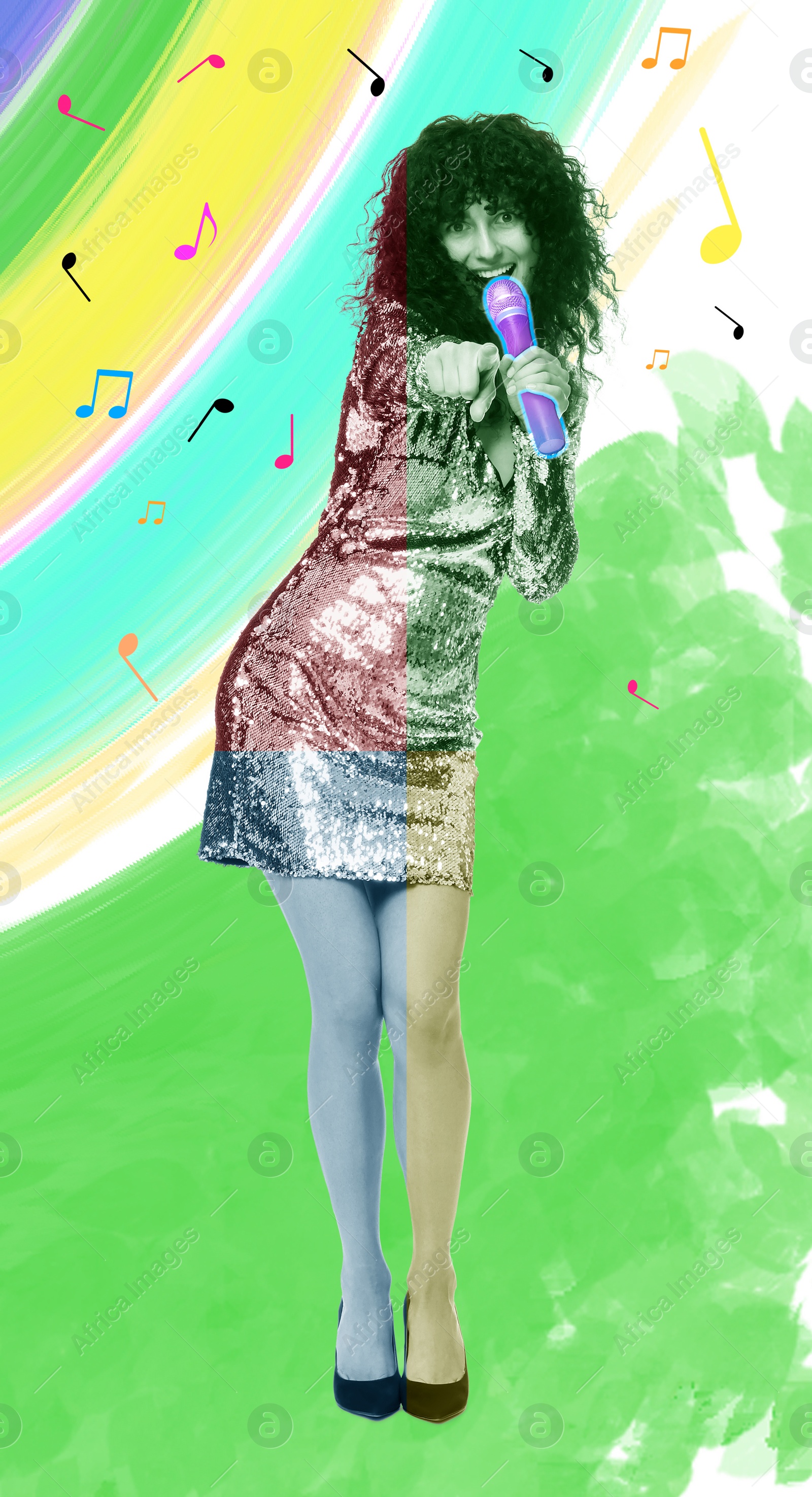 Image of Singer's performance poster. Woman with microphone on bright background