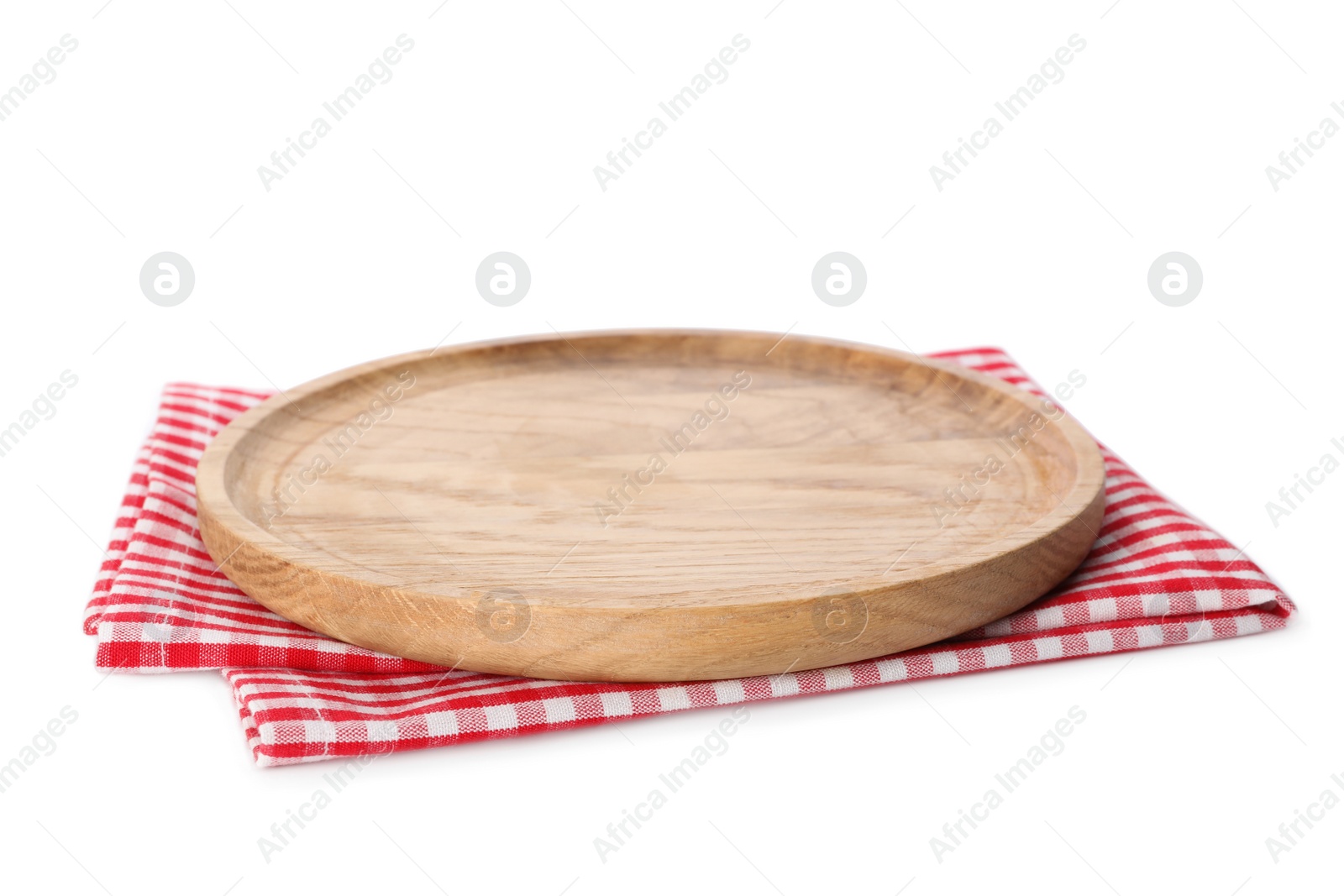 Photo of Wooden board and checkered napkin isolated on white