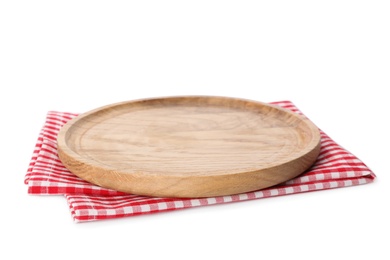 Photo of Wooden board and checkered napkin isolated on white