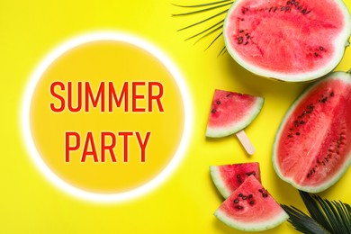 Image of Delicious ripe watermelon and tropical leaves on yellow background, flat lay. Summer Party