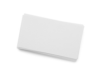 Photo of Blank business cards isolated on white, top view. Mockup for design