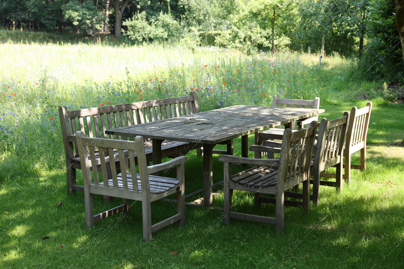 Photo of Empty wooden table with bench and chairs in garden