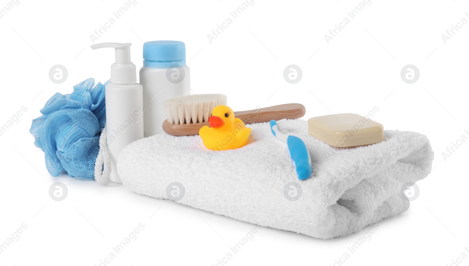 Photo of Baby cosmetic products, bath duck, toothbrush and towel isolated on white