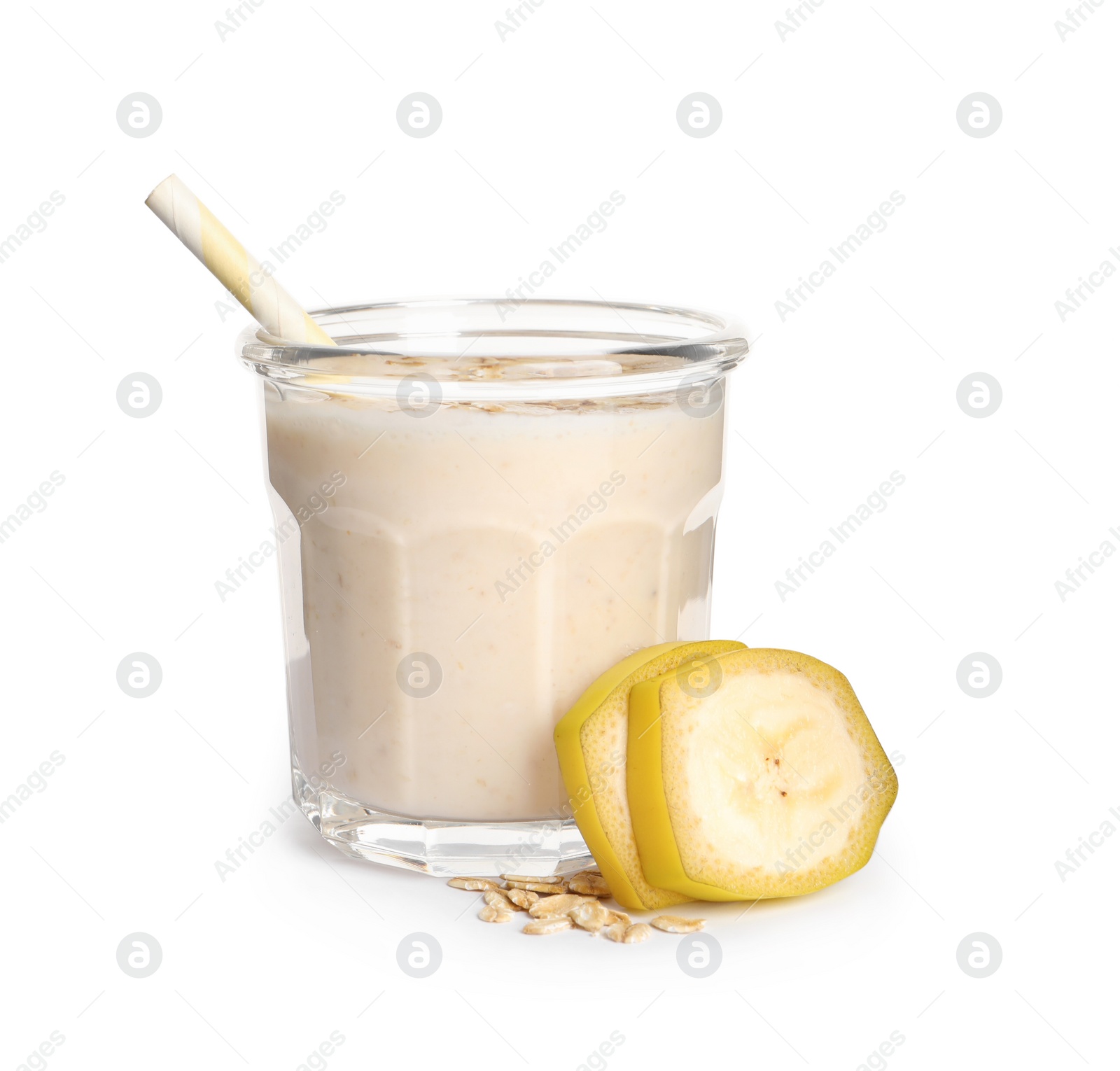 Photo of Tasty banana smoothie with oatmeal on white background