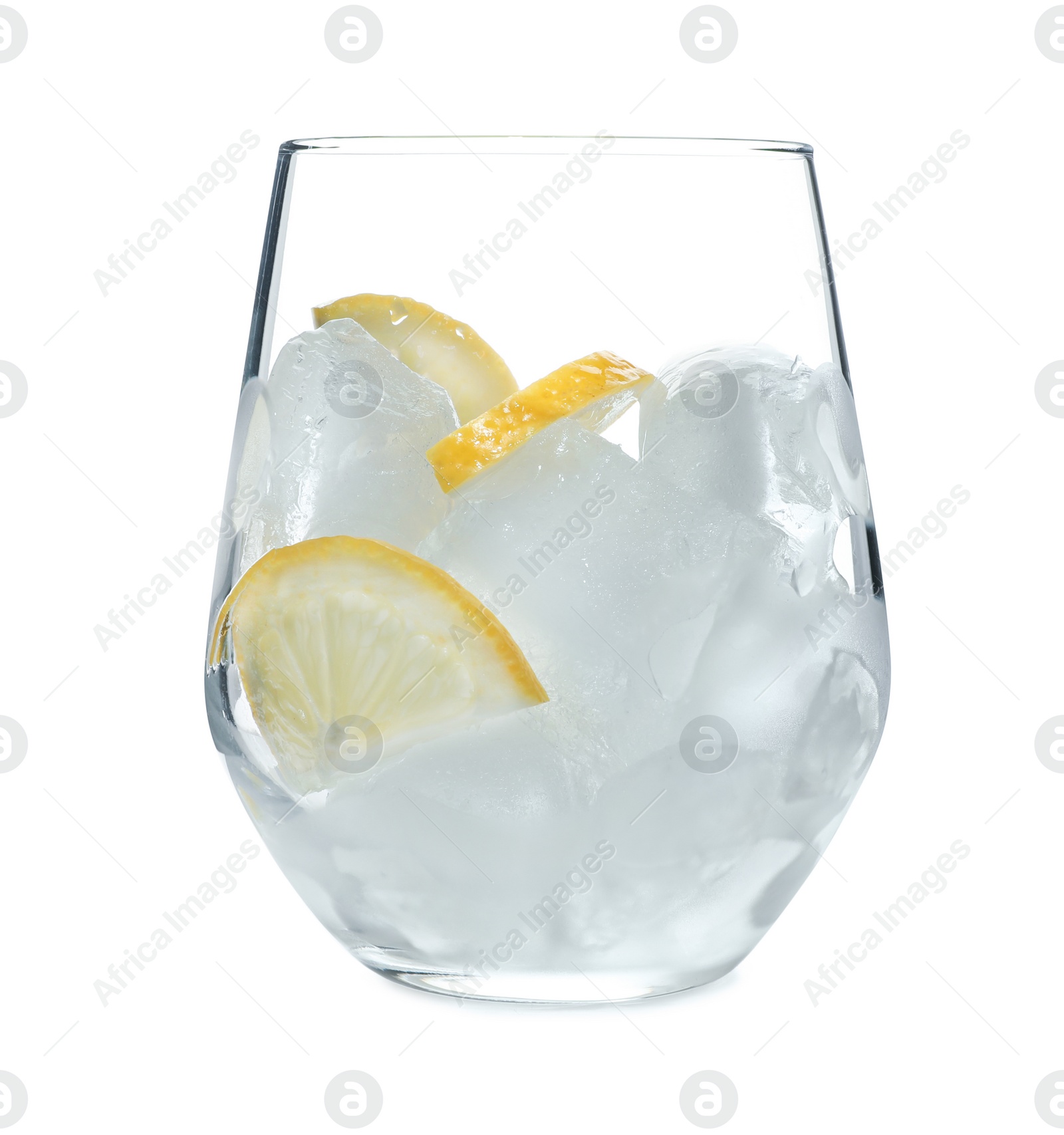 Photo of Glass with ice cubes and lemon slices for refreshing drink on white background