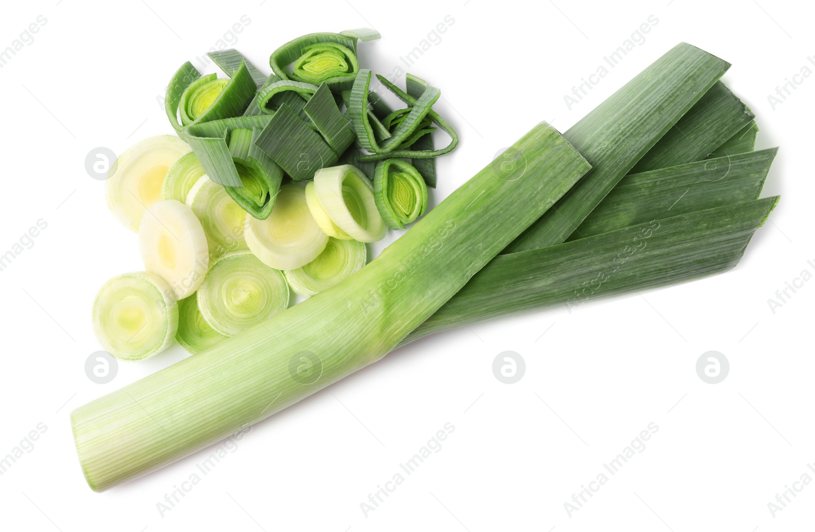 Photo of Fresh raw leek on white background, top view. Ripe onion