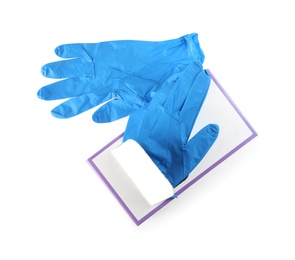 Box of new medical gloves isolated on white, top view