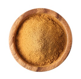 Photo of Dry aromatic cinnamon powder in wooden bowl isolated on white, top view