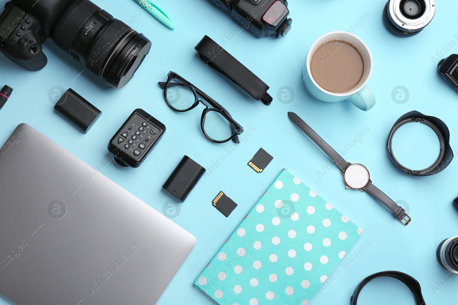 Photo of Flat lay composition with photographer's equipment and accessories on color background