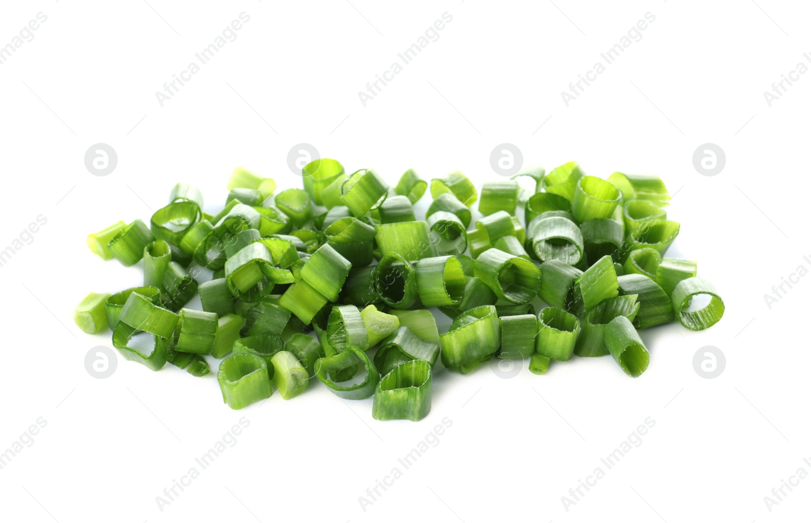 Photo of Cut fresh green onion on white background