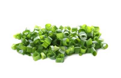 Photo of Cut fresh green onion on white background